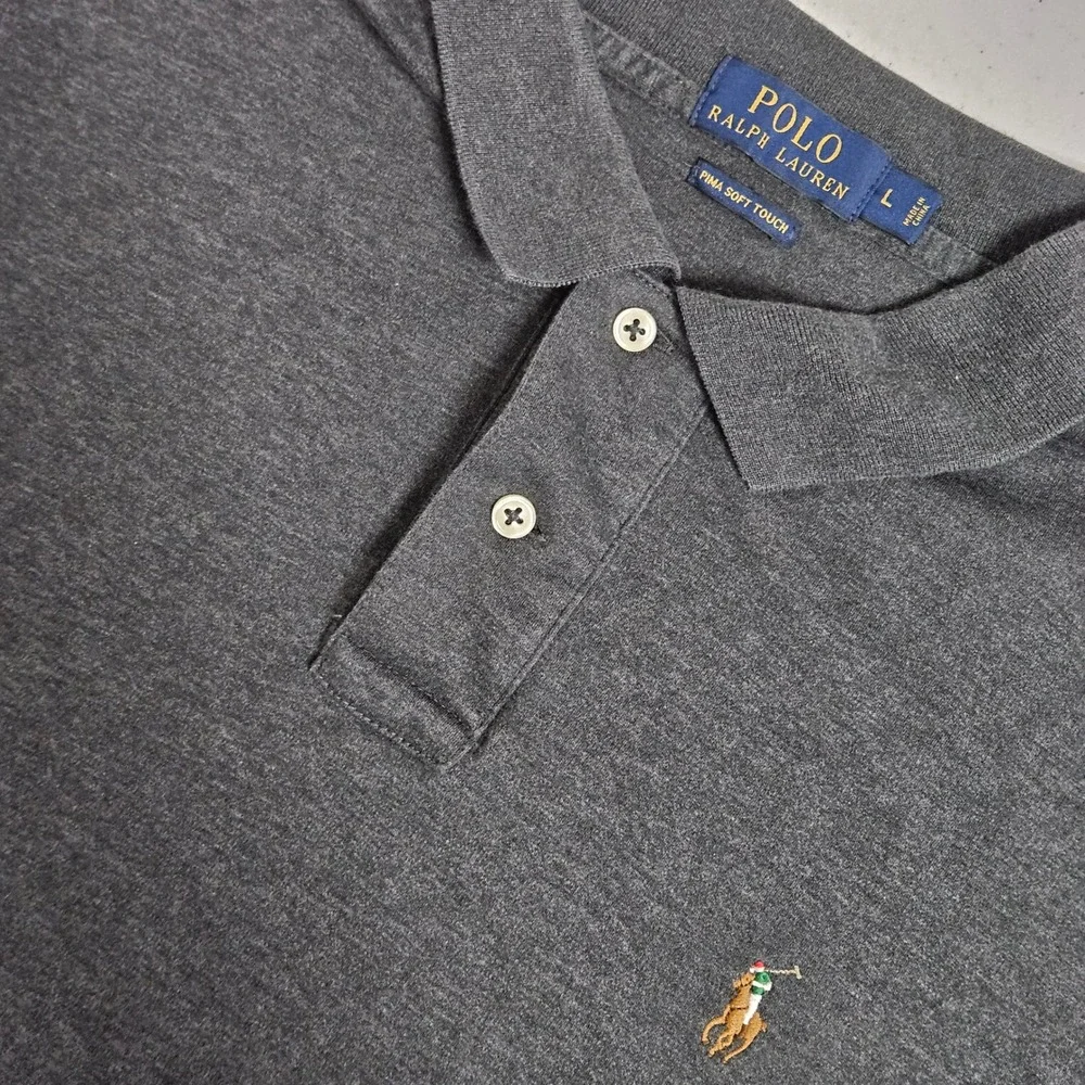 Polo Ralph Lauren Polo Shirt Mens L Gray Pima Soft Touch Long Sleeve Flesh Pony